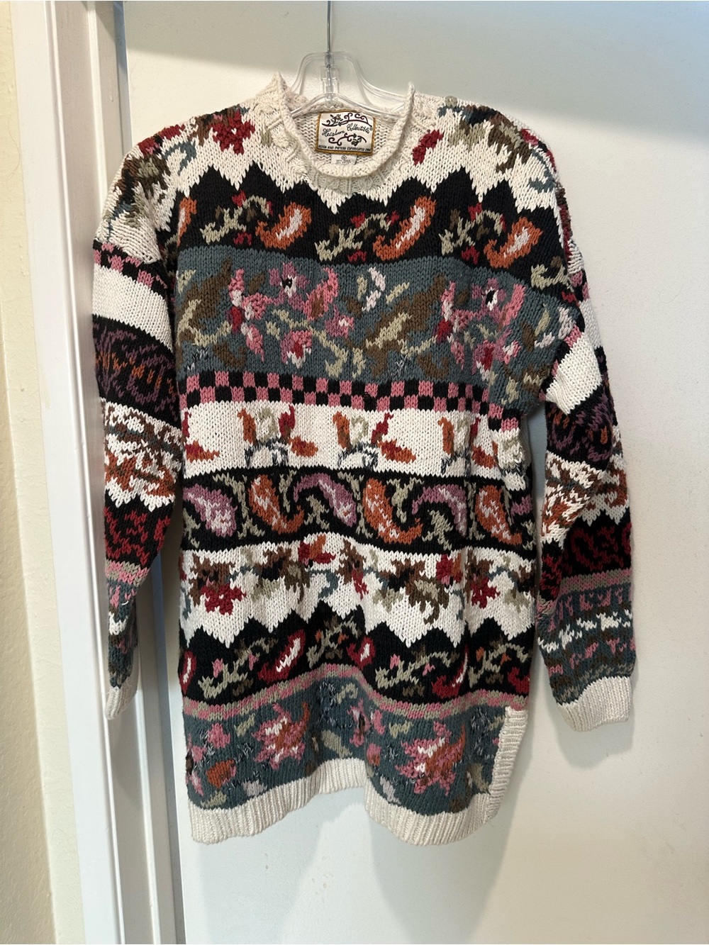 Vintage Heirloom Collectible Cream & Black Patterned Knit Sweater Size Medium